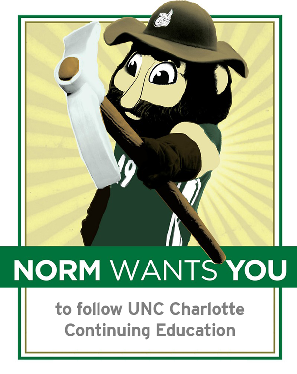 Norm wants you to follow UNC Charlotte Continuing Education on social media